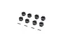A set of eight black plastic 12mm RC wheel hex hubs and four metal axle pins arranged on a white background.