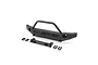 Axial Demello front bumper set in black, including the main bumper with bull bar, a mounting bracket, and four D-ring shackles, isolated on a white background.