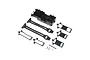 Losi Low CG Battery Tray and Straps set including a plastic battery tray, two long rubber straps, several plastic clips, and small metal hardware.