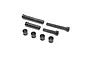 A set of black plastic RC driveshaft components including two shafts, two splined shafts, and four drive cups arranged on a white background.