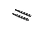 Two black metal stub wheel axles for RC cars, featuring threaded ends and cross-drilled holes.