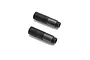 Two black threaded RC shock bodies positioned diagonally on a white background.