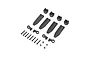 Losi shock rod ends, guards, screws, and pivot balls arranged on a white background.