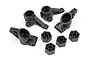 HPI Racing black plastic suspension components including four hub carriers and four wheel hex adapters on a white background.
