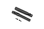 Losi centre slider CVD driveshaft set including two driveshaft components and two small grub screws on a white background.