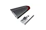 E-Flite left wing panel for an RC plane, featuring a silver and red foam design, accompanied by small hardware components and adhesive decals.