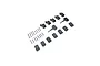 A collection of E-Flite RC plane hardware including plastic control horns, mounting plates, and metal screws arranged on a white background.