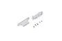 E-Flite hands-free servo connector set with two white plastic mounting plates and four small metal screws on a white background.