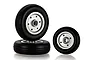 A set of three E-Flite RC plane wheels with silver aluminium hubs and black rubber tires against a white background.