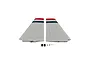 A pair of grey RC plane wings with red and blue trim, accompanied by small plastic control horns and screws on a white background.