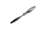 A grey E-Flite 9.5x7.5 inch RC airplane propeller against a white background.