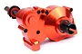 A Rovan CNC machined orange aluminium differential and gearbox case assembly for RC cars, featuring black steel screws and drive shafts.