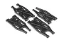 Four black plastic suspension arms for an HPI Bullet RC vehicle arranged on a white background.