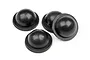 Four black rubber shock diaphragms for HPI RC cars arranged on a white background.
