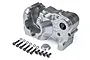 A silver aluminium 3-piece quick change gearbox case for an RC car with included mounting screws and washers on a white background.