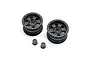Two black 1.55-inch Raceline Monster RC wheels and two matching center caps on a white background.