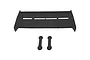 A black RC car wing with two vertical fins and two small black mounting spacers, isolated on a white background.