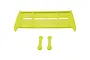 A bright yellow RC car wing with two small matching yellow plastic mounting buttons, isolated on a white background.