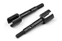Two black metal RC drive axles with threaded ends and slotted drive cups, shown against a white background.