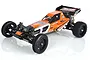 Tamiya DT-03 Racing Fighter 2WD RC buggy in orange and white livery with black wheels and rear wing, shown on a white background.