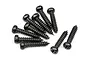 A group of ten black metal binder head screws with coarse threads arranged on a white background.