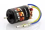 Hobbywing Quicrun 555 11T brushed RC motor with blue and yellow wires and bullet connectors against a white background.