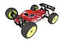 Team Associated RC8T4e 1/8 scale electric RC truggy with a red body, neon yellow wheels, and black off-road tires on a white background.