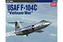 Box art for an Academy 1/72 scale USAF F-104C Starfighter Vietnam War plastic model kit, showing a silver jet flying against a blue sky.