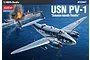 Box art for Academy 1/48 scale USN PV-1 Solomon Islands Theatre model kit showing a twin-engine bomber flying over a ship under attack at sea.