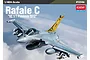 Box art for an Academy 1/48 scale Rafale C model kit featuring a detailed illustration of the French fighter jet in flight against a cloudy sky.