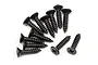 A collection of twelve black, coarse-thread, countersunk head screws arranged on a white background.