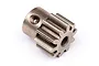A 10-tooth metal pinion gear for RC cars, featuring a set screw hole on the side and a central shaft hole.