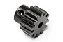 A black metal 12-tooth pinion gear for RC vehicles, featuring a set screw hole on the side and a central shaft hole.
