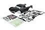 A Rovan 1/5 scale 5IVE-T black body shell, black roll cage components, and two decal sheets on a white background.