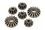 A set of six metal bevel gears of varying sizes for an RC car differential, arranged on a white background.