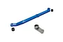 A blue anodized aluminium steering link, a silver servo horn, and two small black bushings on a white background.