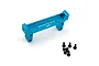 A blue anodized aluminium servo mount for Tamiya CC-02 by Yeah Racing, shown with five black mounting screws on a white background.