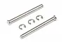 Two silver metal suspension arm pins and two E-clips for HPI Bullet RC cars on a white background.