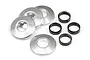 A set of HPI Racing wheel spacers including three silver metal washers and four small black cylindrical spacers against a white background.
