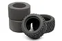 Two HPI Racing Ammunition RC stadium truck tyres and two foam tyre inserts on a white background.
