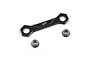 A black aluminium steering brace by Yeah Racing with two ball bearings, isolated on a white background.