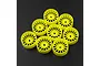 Eight fluorescent yellow wide RC car rims arranged on a dark textured surface.