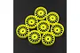 A set of eight fluorescent yellow narrow RC rims for Mini-Z cars arranged on a dark textured surface.
