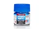 A 10ml glass jar of Tamiya LP-81 Mixing Blue lacquer paint with a blue plastic screw-top lid, set against a white background.