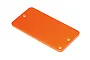 An orange anodized aluminium servo top plate for an RC vehicle, shown from an angled perspective against a white background.
