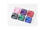 A set of six small, square, coloured plastic EasyLap transponder cases in pink, purple, red, black, green, and blue.