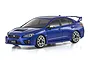 A studio shot of a blue Kyosho Mini-Z 2014 Subaru WRX STI RC car on a white background.