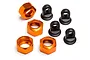 HPI Racing shock cap set including four orange anodized aluminum shock caps and four black plastic shock eyelets.