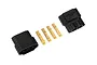 Two black plastic Traxxas connector housings and four gold-plated metal terminal pins laid out on a white background.