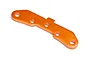 An orange anodized aluminium rear suspension arm pin brace for HPI Trophy RC cars, featuring a curved design with four mounting holes.